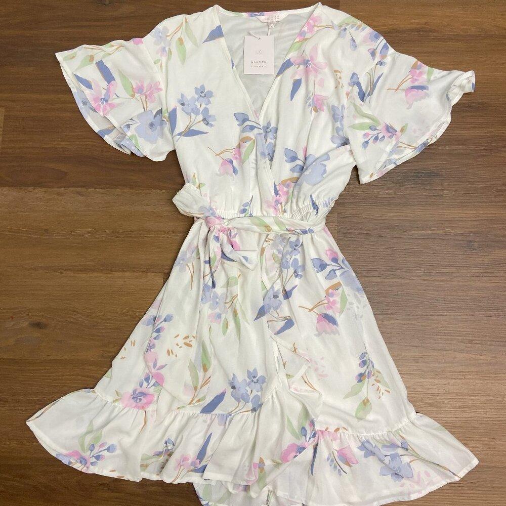 NWT S Lauren Conrad Dress White Wrap Floral Pastel Mini Spring Pink Purple Short